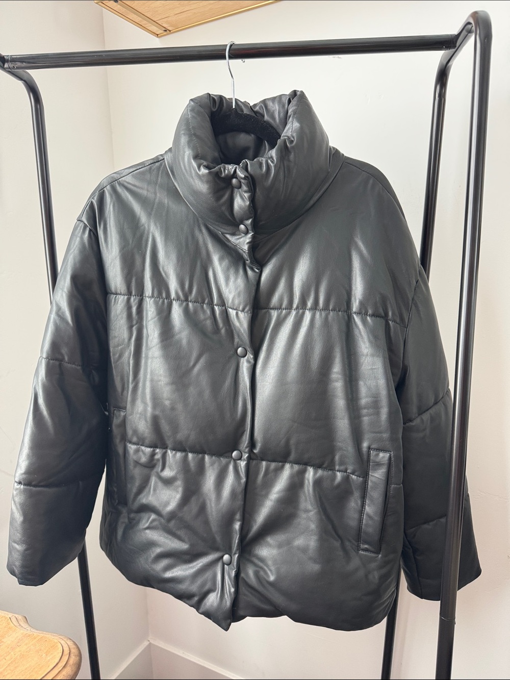Urban Outfitters Black funnel neck Quilted Leather Puffer Jacket